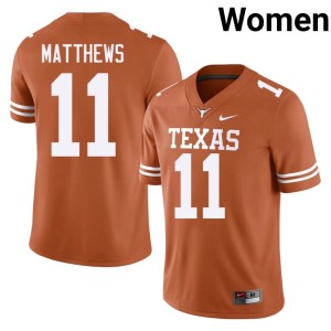 Womens #11 Samari Matthews Official College Football Orange Texas Jersey 479566-163